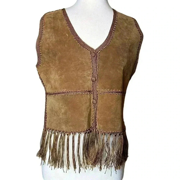 Kroshetta By Papillon Boho Hippie Leather vintage patchwork vest Women Size M - Picture 1 of 10
